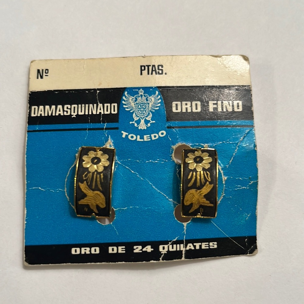 Vintage Damascene Bird Flower Clip-on Earrings 24k gold on card Damasquinado